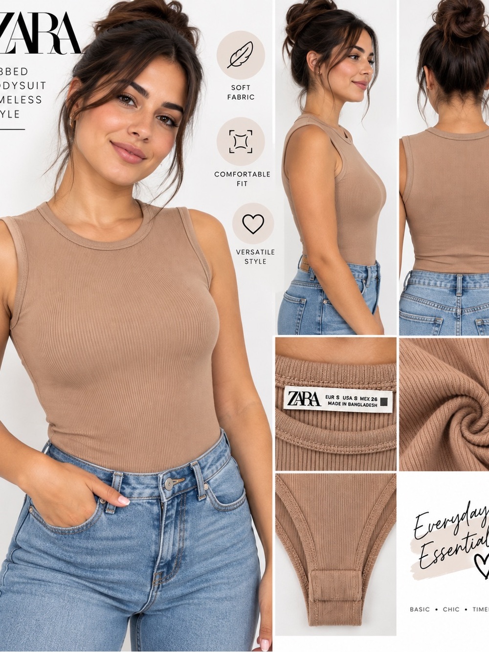 ZARA Ribbed Sleeveless Bodysuit in Camel